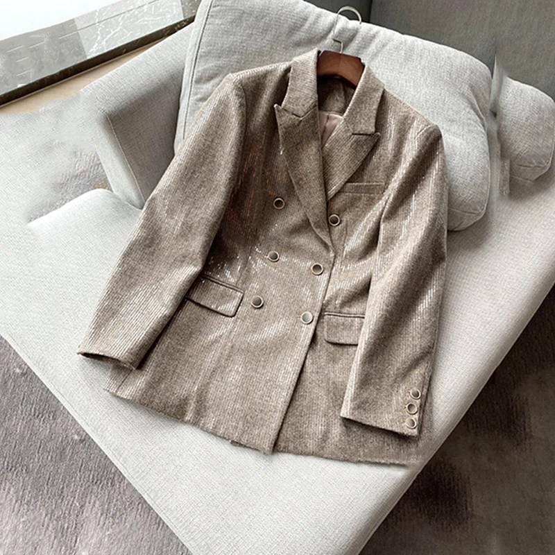 

XITAO Sequin Blazer Women Fashion Elegant Slim Double Breasted Korean Style Notched Collar 2020 New Autumn Women Clothes ZP2102