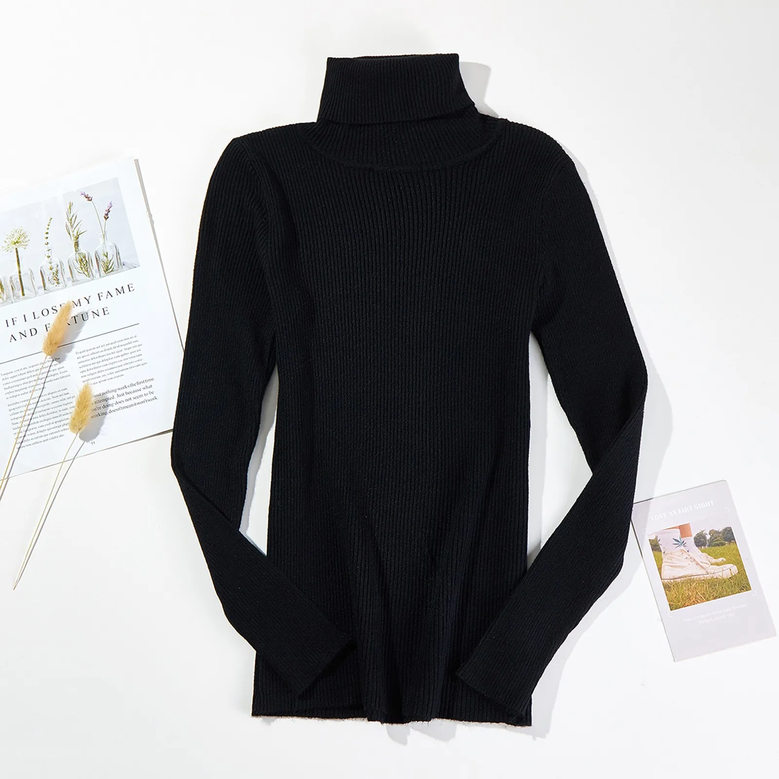 Потяните Hiver Для женщин вязаный свитер черного цвета с высоким плотно облегающим