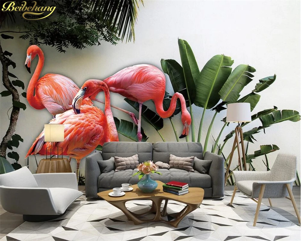 beibehang Custom 3d wallpaper mural Nordic minimalistic tropical plant banana leaf 3D flamingo background wall papel de parede |