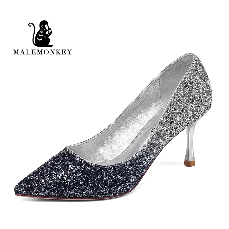 Новинка 2019 года модные женские туфли лодочки блестящие Серебристые на высоком