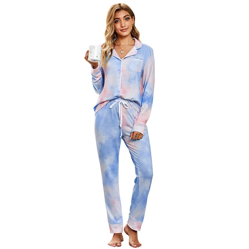 horswula Tie-dye Women's Pajamas Casual Knitted Sleepwear Long Sleeved Trouser Suits Winter Ladies Nightgown Home Clothes Set