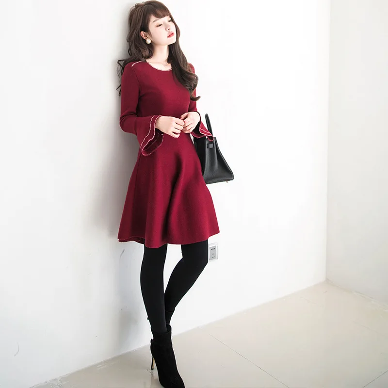 Вязаное платье с рукавом-колоколом Женская одежда Новинка 2019 стильный