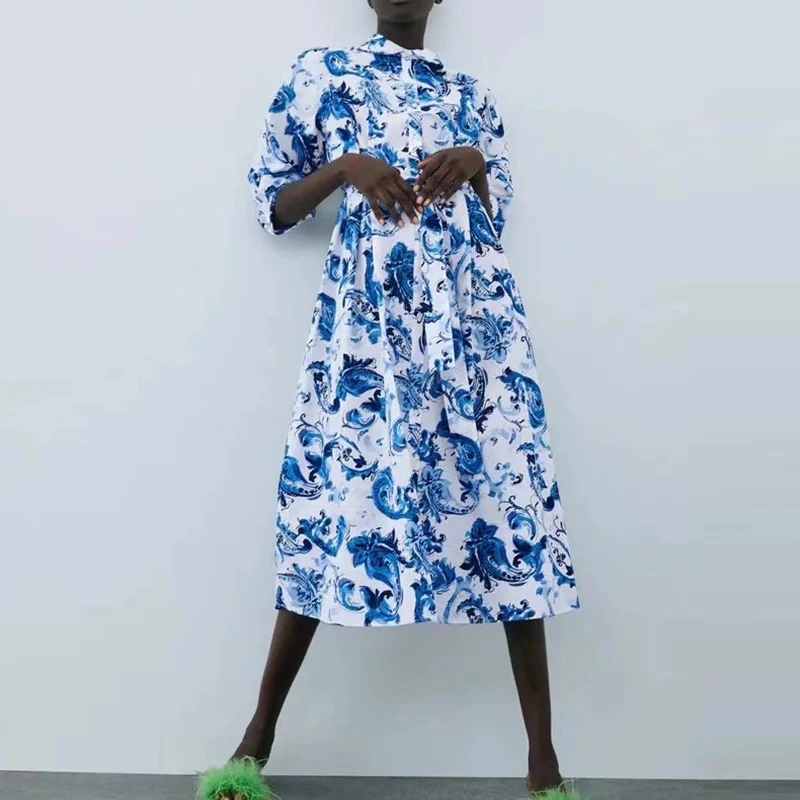 

Za Dress Autumn Women Dresss New Fashion Print Lapel Slim Belt Dress Women 2021 Casual Street Youth Elegant Party Holiday Dress