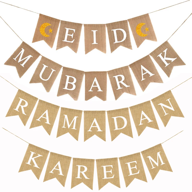 

Eid Mubarak Banner Muslims Ramadan Kareem Decorations Linen Hanging Flags with Ropes Islam Home Decor Party Supplies 2020