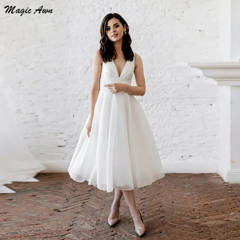 

Magic Awn Simple Tea-Length Wedding Dresses Boho V-Neck Organza Wedding Party Dress A-Line Short Mariage Gowns Hochzeitskleid