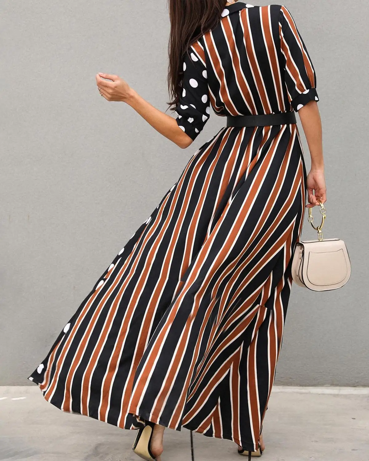 

2021 New Fashion Evening Dress Autumn Elegant Casual Shirt Casual Striped Low Waist Slit Long Dress