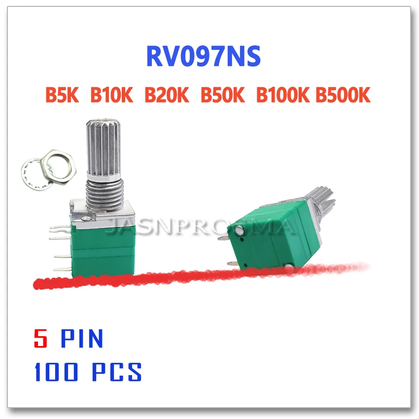 

JASNPROSMA RV097NS 100 шт. B5K B10K B20K B50K B100K B500K 5PIN 5K 10K 20K 50K 100K потенциометр переключатель 15 мм один аудио