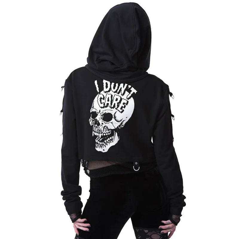 

Female Streetwear Hooded Women Sweatshirts Cropped Hoodies Gothic Skull Printed Black Loose Short Hoodies Mesh Patchwork