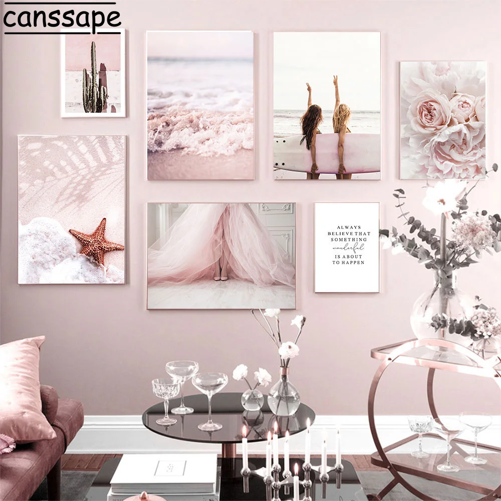 

Pink Cactus Flower Canvas Painting Sea Beach Wall Art Print Nordic Posters And Prints Landscape Wall Pictures Living Room Decor