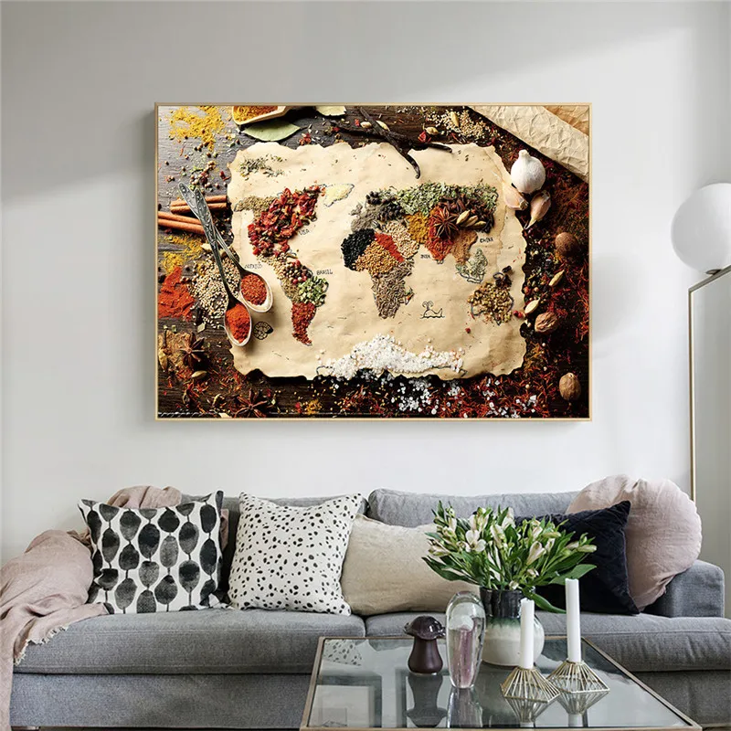

Herbs and Spices for Cooking World Map Oil Painting on Canvas Posters Prints Cuadros Wall Art Pictures For Living Room Unframed