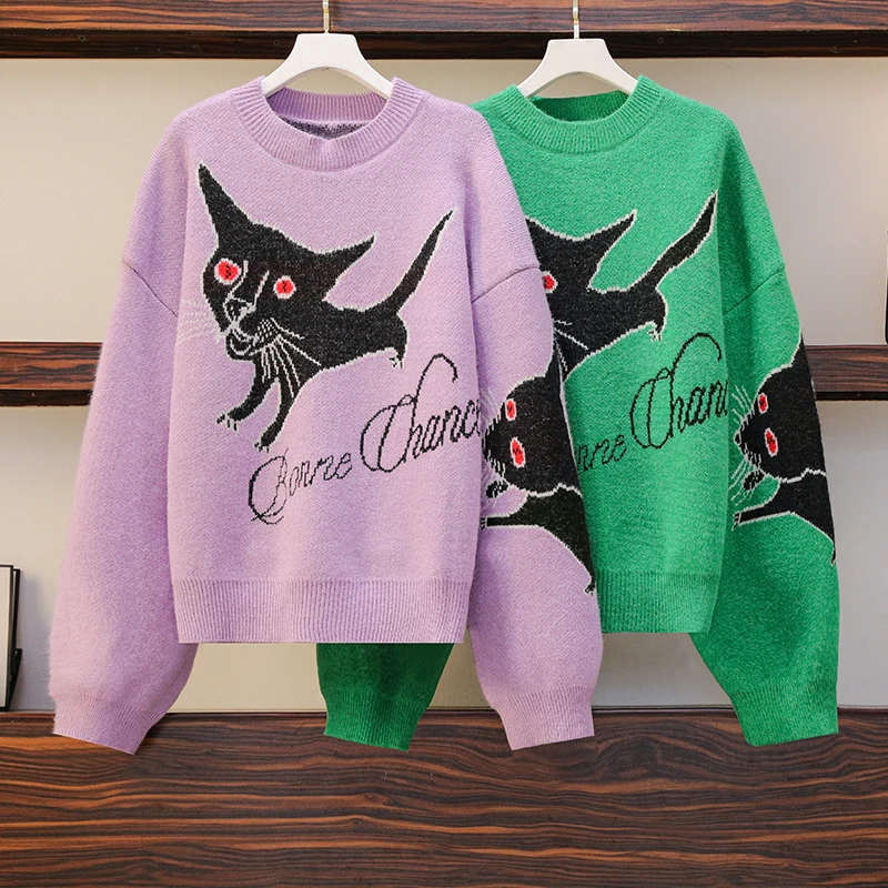 

Oversize Sweaters Women Japanese Style Fashion Fun Knitwear Cartoon Cat Printed Pullover Streetwear Long Sleeve Pull Jumper