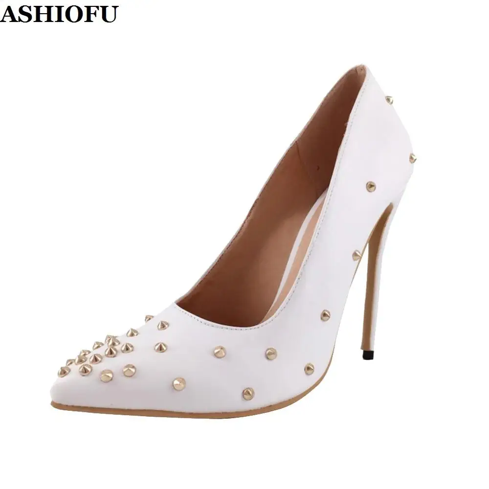 ASHIOFU Handmade Women's High Heel Pumps Rivets Spikes Office Party Dress Shoes Slip-on Evening Club Fashion Court Shoes XD351