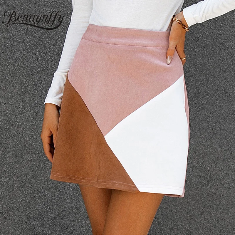 

Benuynffy Color Block Suede Women Skirts New Autumn Winter Side Zipper A-line Skirt Female High Waist Office Casual Short Skirts