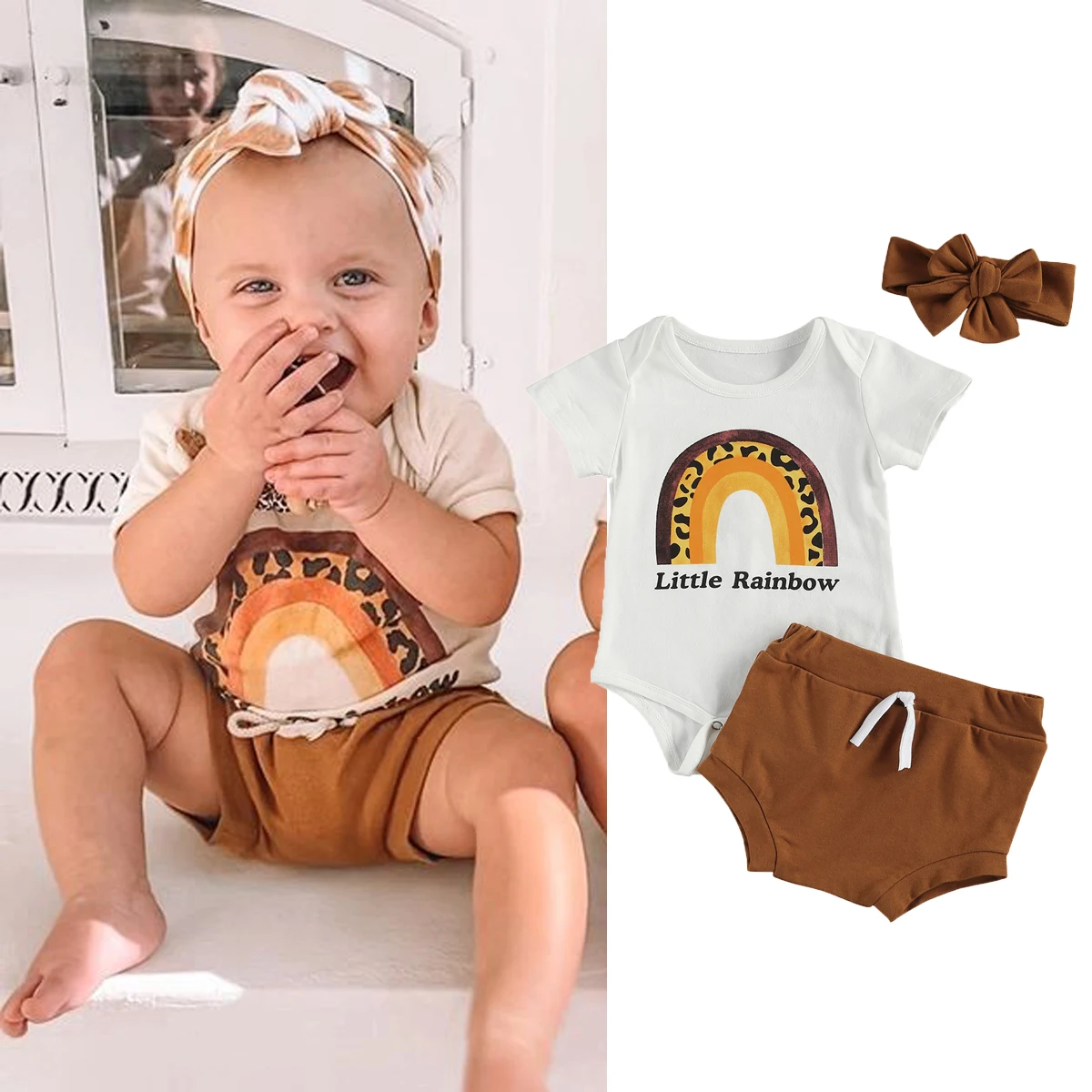 

Милые летние футболки для младенцев для маленьких мальчиков и девочек Комплекты одежды с коротким рукавом с принтом радуги, комбинезон, топ...