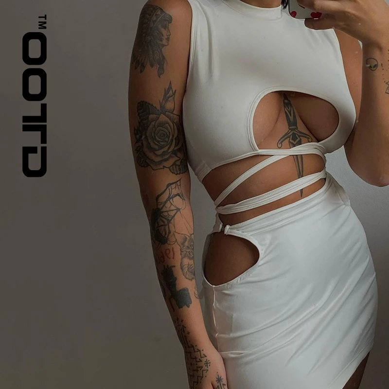 

OOTD Drawstring Solid Color Women 2 Piece Summer Outfits Sexy Sleeveless Cross Tie Up Crop Tank Tops Cutout Mini Skirt Set 2021
