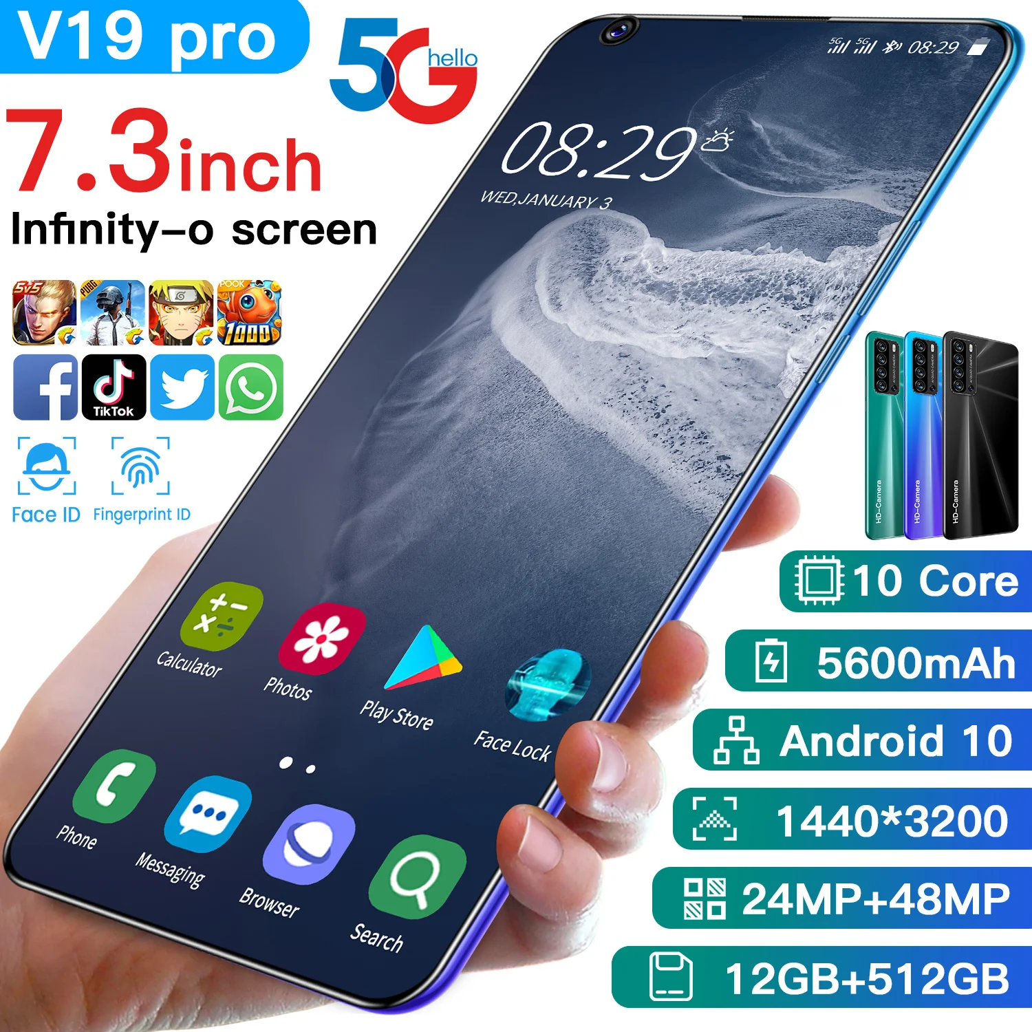 

Global Version HD Smartphone V19 Pro 5600mAh 7.3-inch 12GB +512GB 10Core Dual SIM Dual Standby Support Face ID Android CellPhone