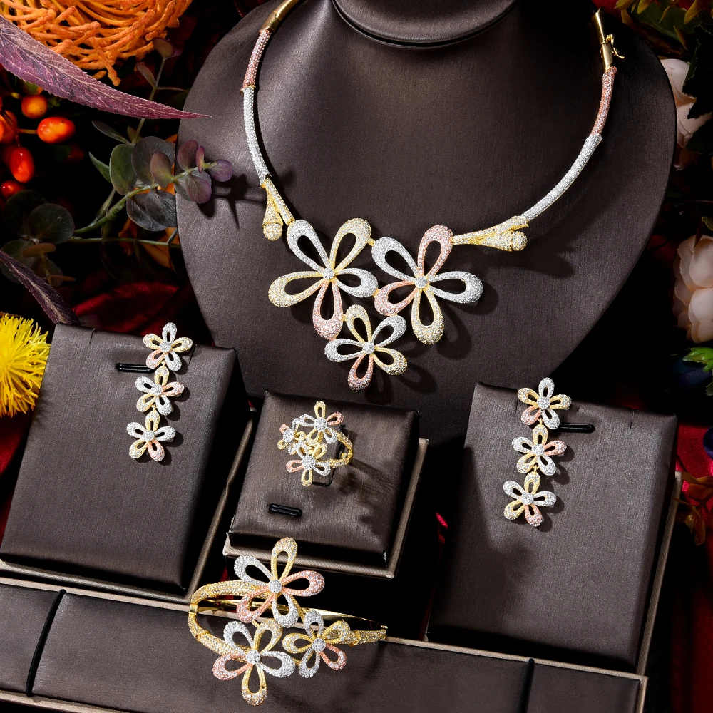 

Модное трехцветное ожерелье missvikki с цветами, кольцо, роскошные нигерийские Ювелирные наборы Дубай для свадьбы, свадебные украшения
