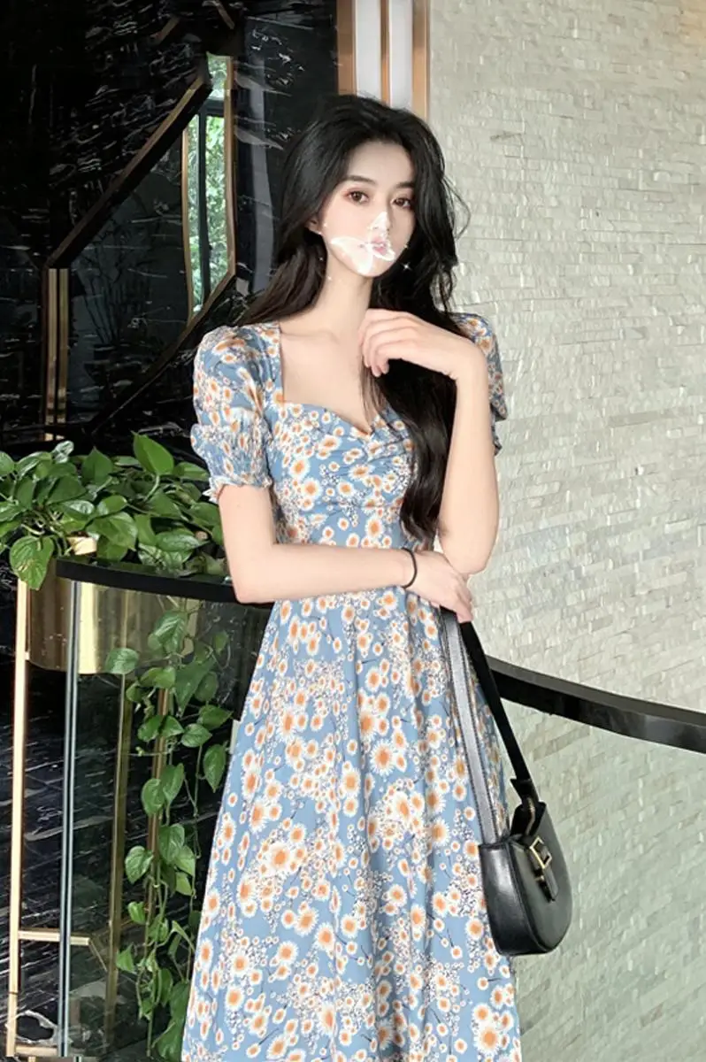 

COIGARSAM Vintage Floral Print Women dress New Summer High Waist Dresses Blue 6129
