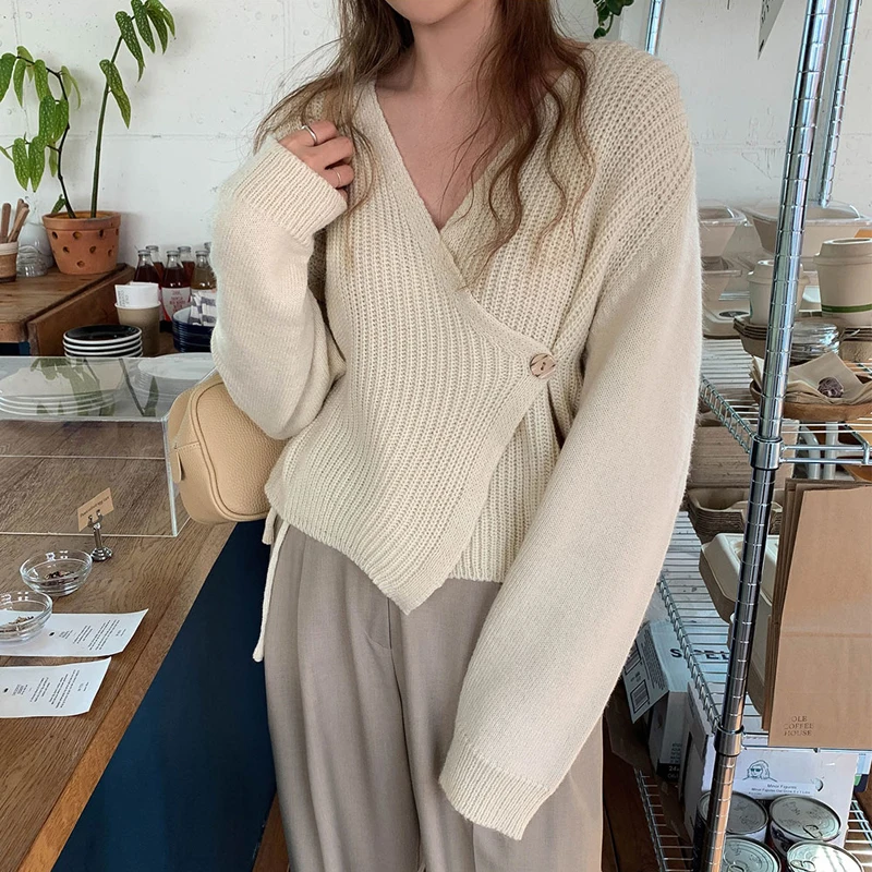 

Женский вязаный кардиган с V-образным вырезом, с длинным рукавом