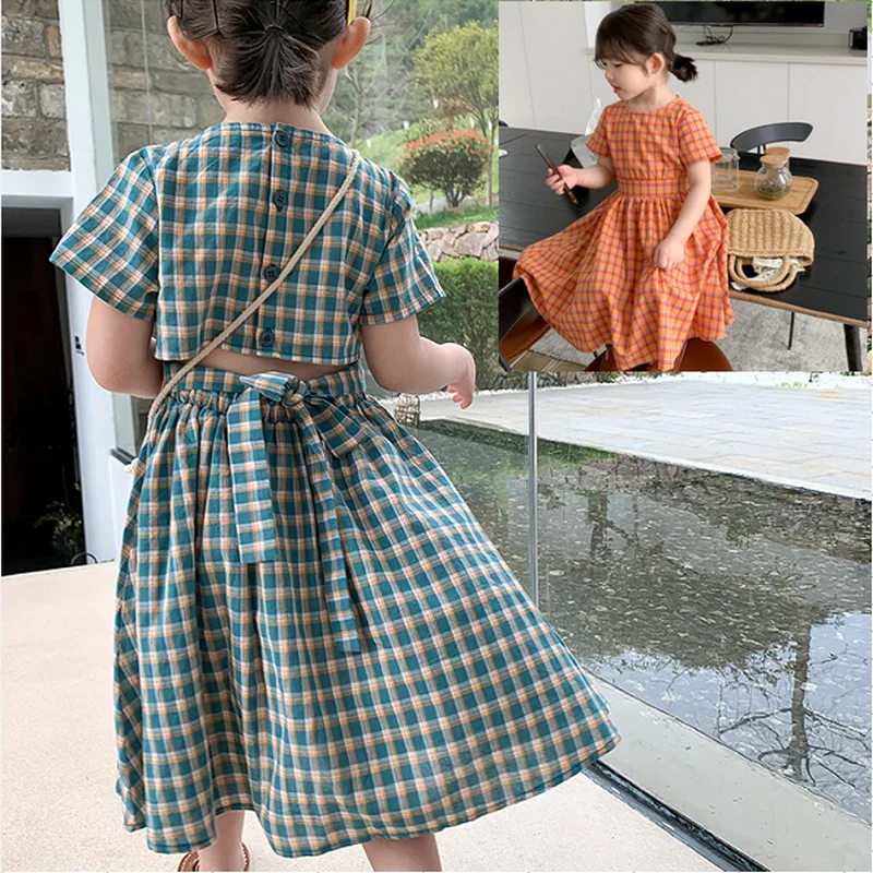 

Girls' Dress Plaid Waist Tight Lace Dress Princess Dress 21 Summer New Foreign Trade Children's Wear