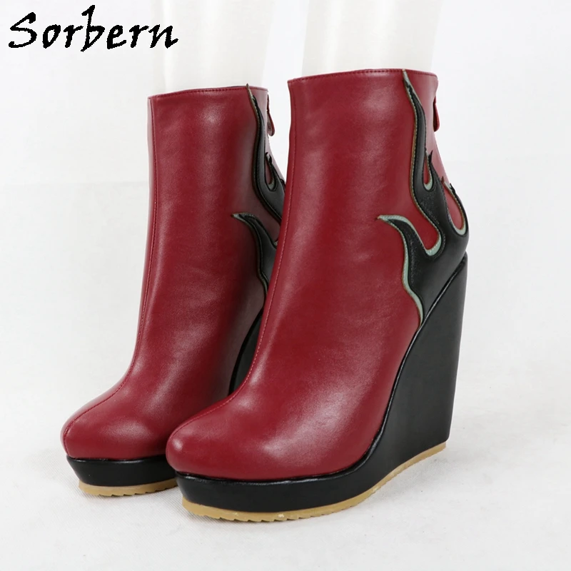 

Sorbern Wine Red Women Boots Wedges Platform Shoe Black Flames Back Zippers Ankle Booties For Ladies Round Toe Custom Color