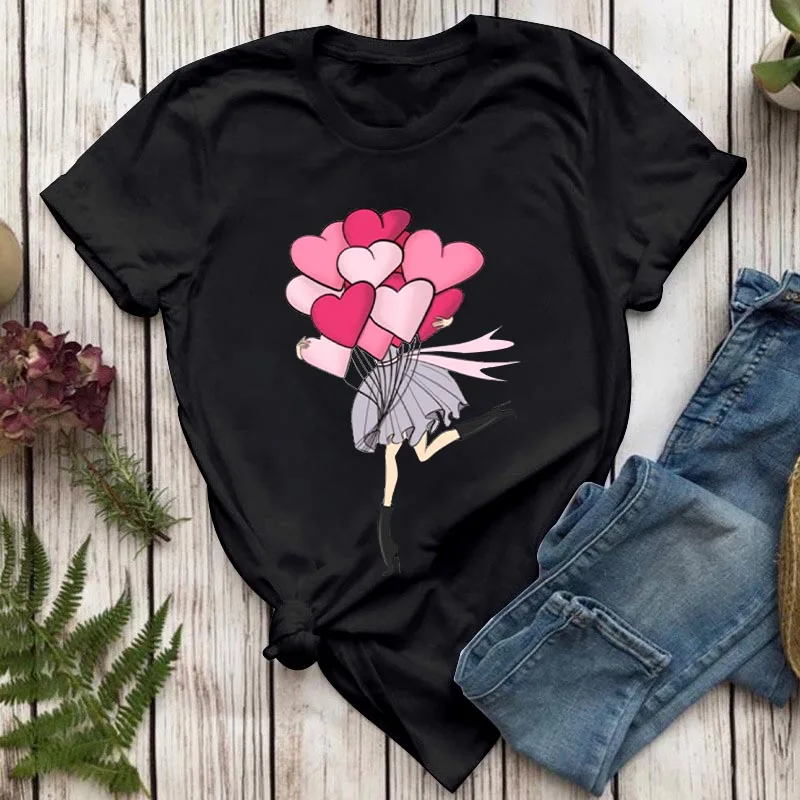 

Футболка женская базовая с коротким рукавом, милый Простой Топ с принтом сердца 90-х в Корейском стиле, модная одежда, рубашка