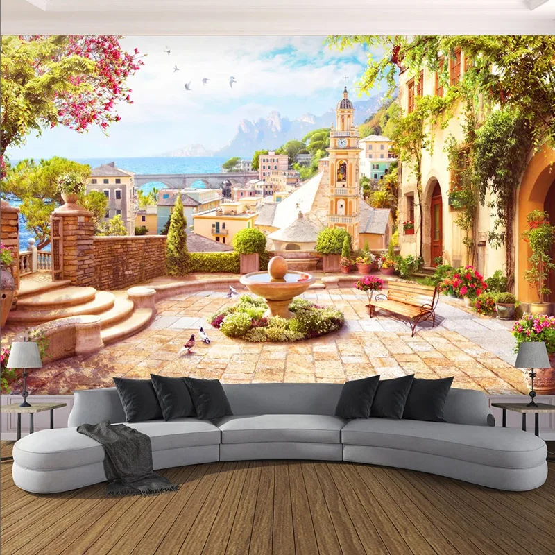 

Custom 3D Wall Mural European Style Garden Town Seascape Photo Wallpaper Living Room Restaurant Waterproof Canvas Wall Painting