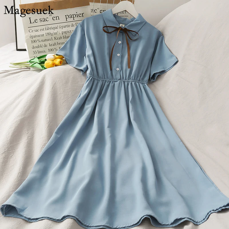 

Lace-Up Preppy Style High-Waist Dress For Women Korean 2021 Summer Holiday Elegant Dresses Short Sleeve Chiffon Dress Robe 14385