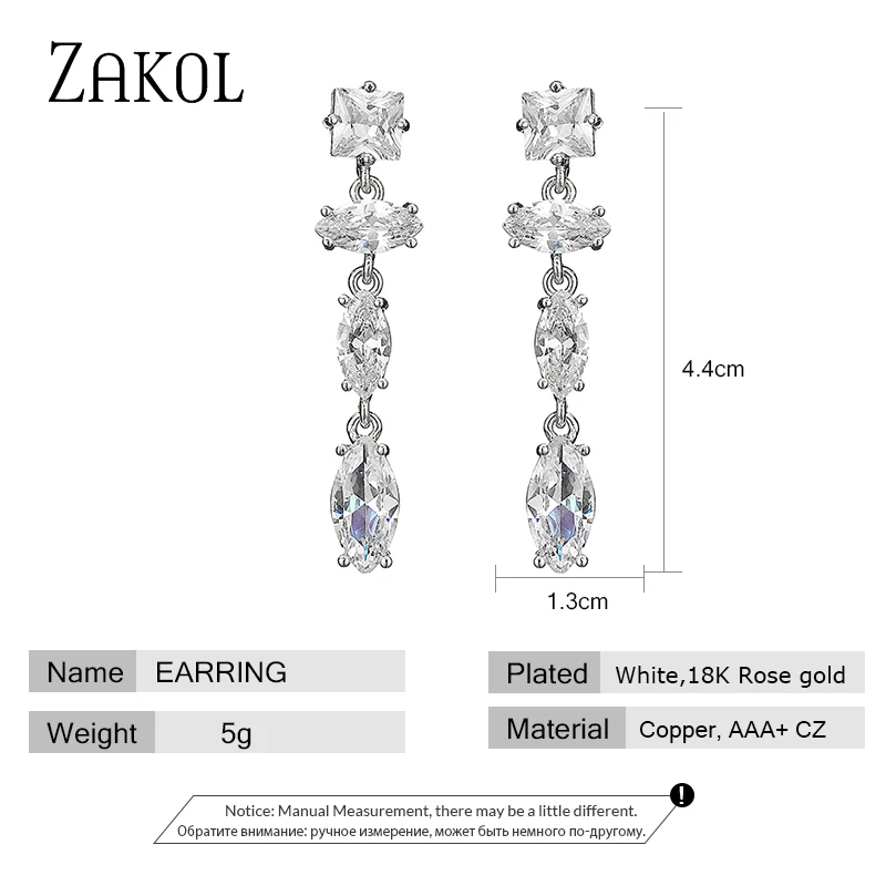 ZAKOL Изысканный свадебный дизайн Маркиза резка длинные висячие серьги фианиты