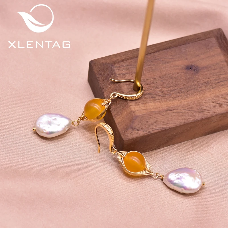 XlentAg Natural Baroque Pearls Yellow Stone Dangle Hook Earrings For Women Girls Birthday Gifts Classic Jewelry GE0923B | Украшения и