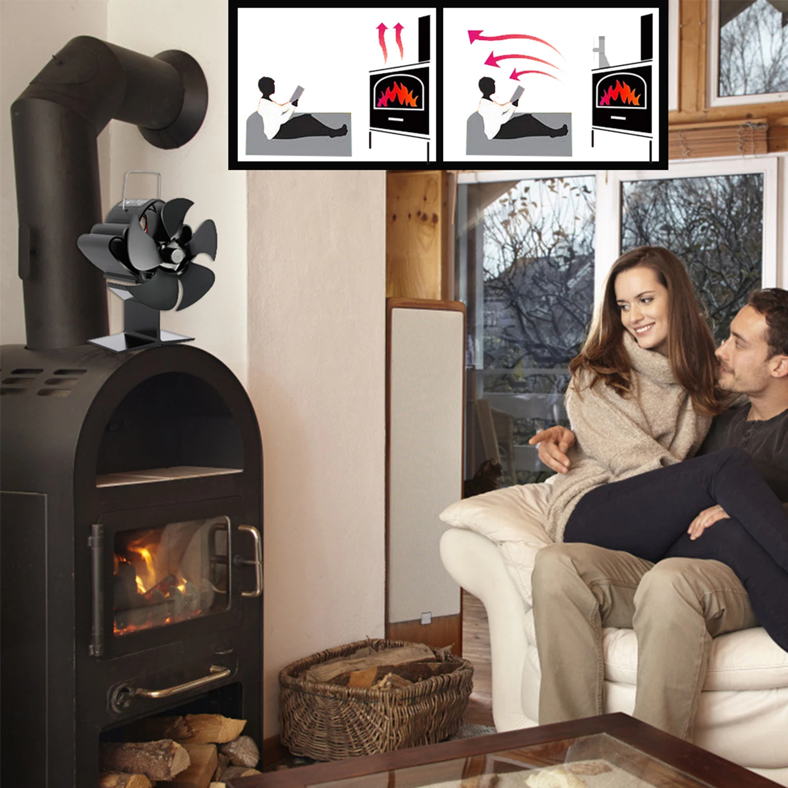 

Black Fireplace Fan 5 Blades Heat Powered Stove Fan Log Wood Burner Quiet Home Fireplace Efficient Heat Distribution Fireplace