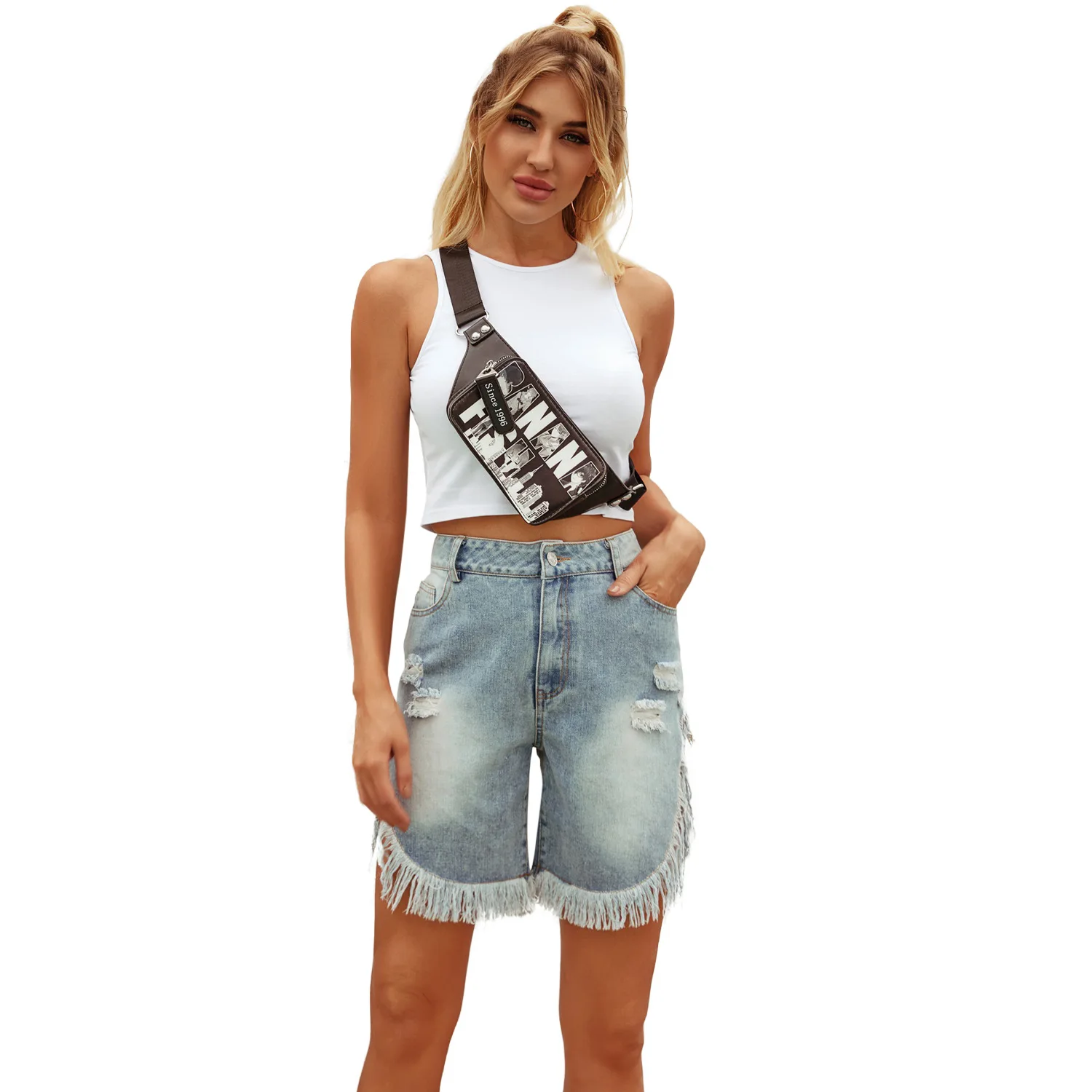 

European and American Explosive Women's Casual Holes Irregular Tassel Washed Denim Shorts