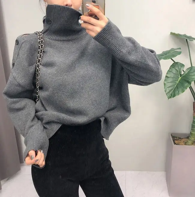 

Korean women's high-neck side-opening lapel off-shoulder gray sweater