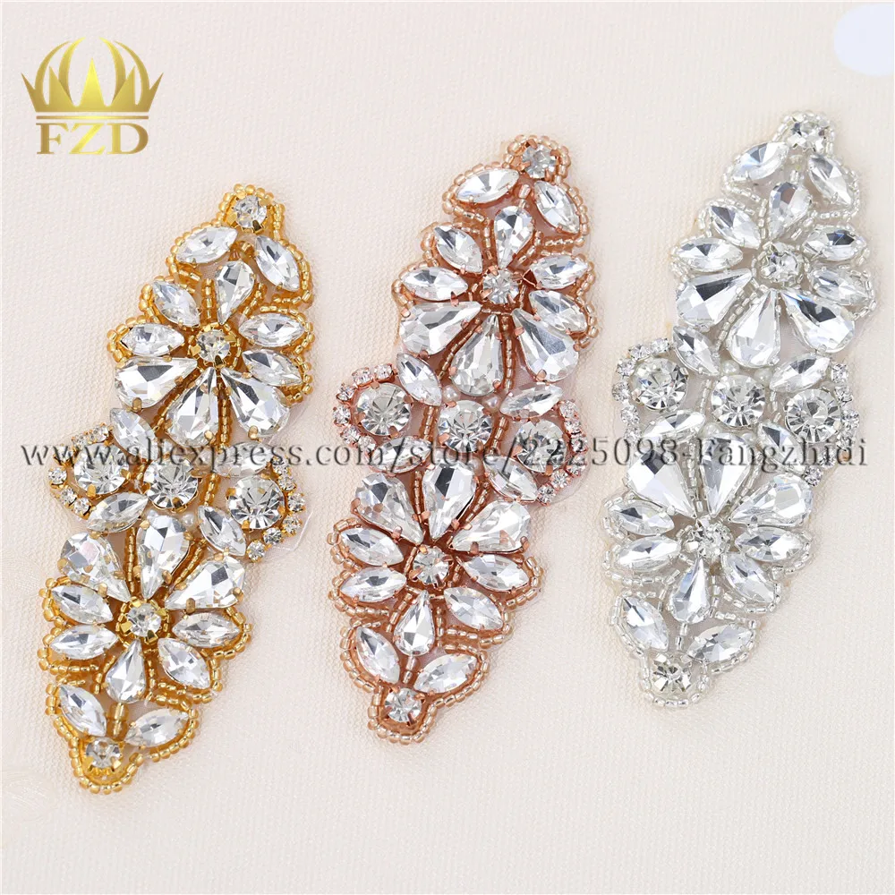 (1pieces) Sewing On Hot Fix Beaded  Iron On Rose Gold/Sliver Bridal Sash Rhinestone Crystal Appliques for Wedding Dress FA-888
