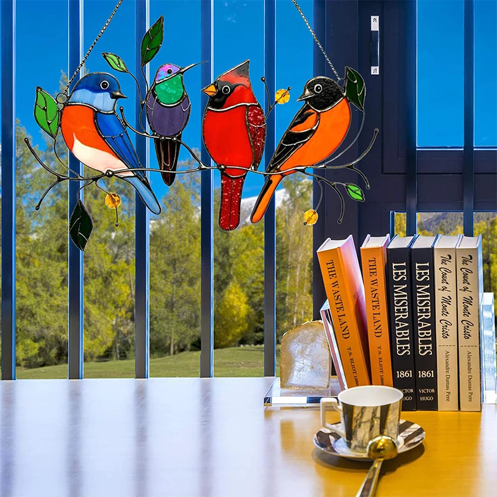 

Multicolor Birds On-A-Wire High Stained Glass Window Hangings for Windows Doors Home Decoration and Gifts for Mothers Day