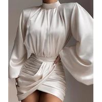 ruched satin dress women white latern sleeves sexy party dress europe and america autumn night club mini dresses 2021 vestdios