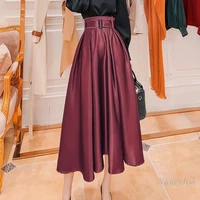 mid length skirt women autumn and winter new high waist retro a line umbrella skirts belt waist black jupe femme party wear