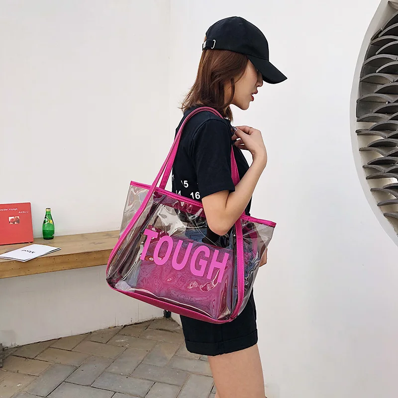 Fashion Transparent Tote Bag Pvc Letters Sliver Large Bag for Women Small Clutch Bag Interior Composition Summer Bag Shopping