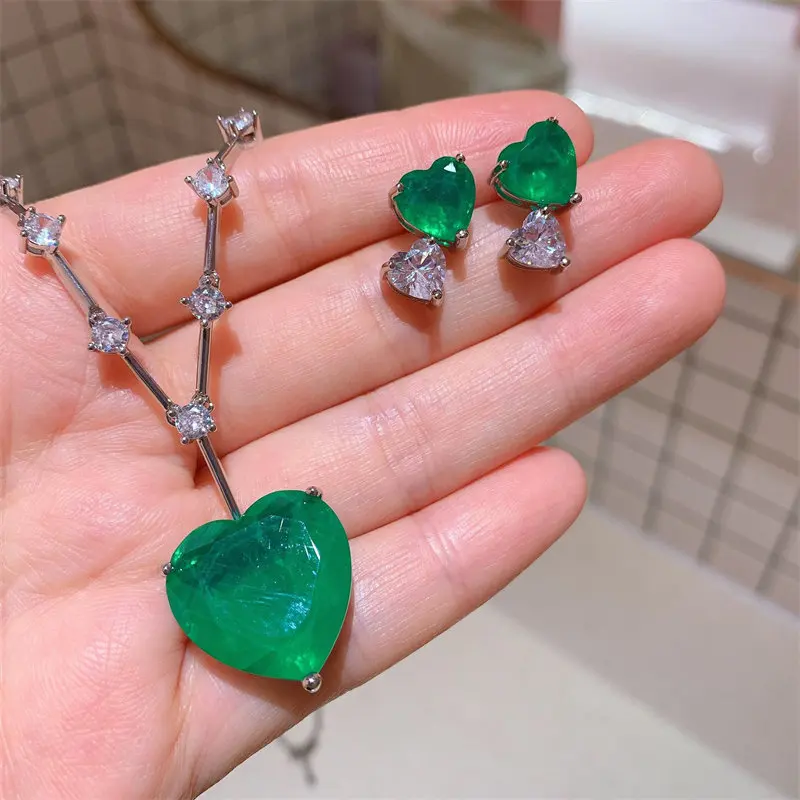 

Heart Shaped Emerald Diamond Stud Earrings Women's Paraiba Pendant Necklace Luxury 925 Sterling Silver Wedding Jewelry Sets