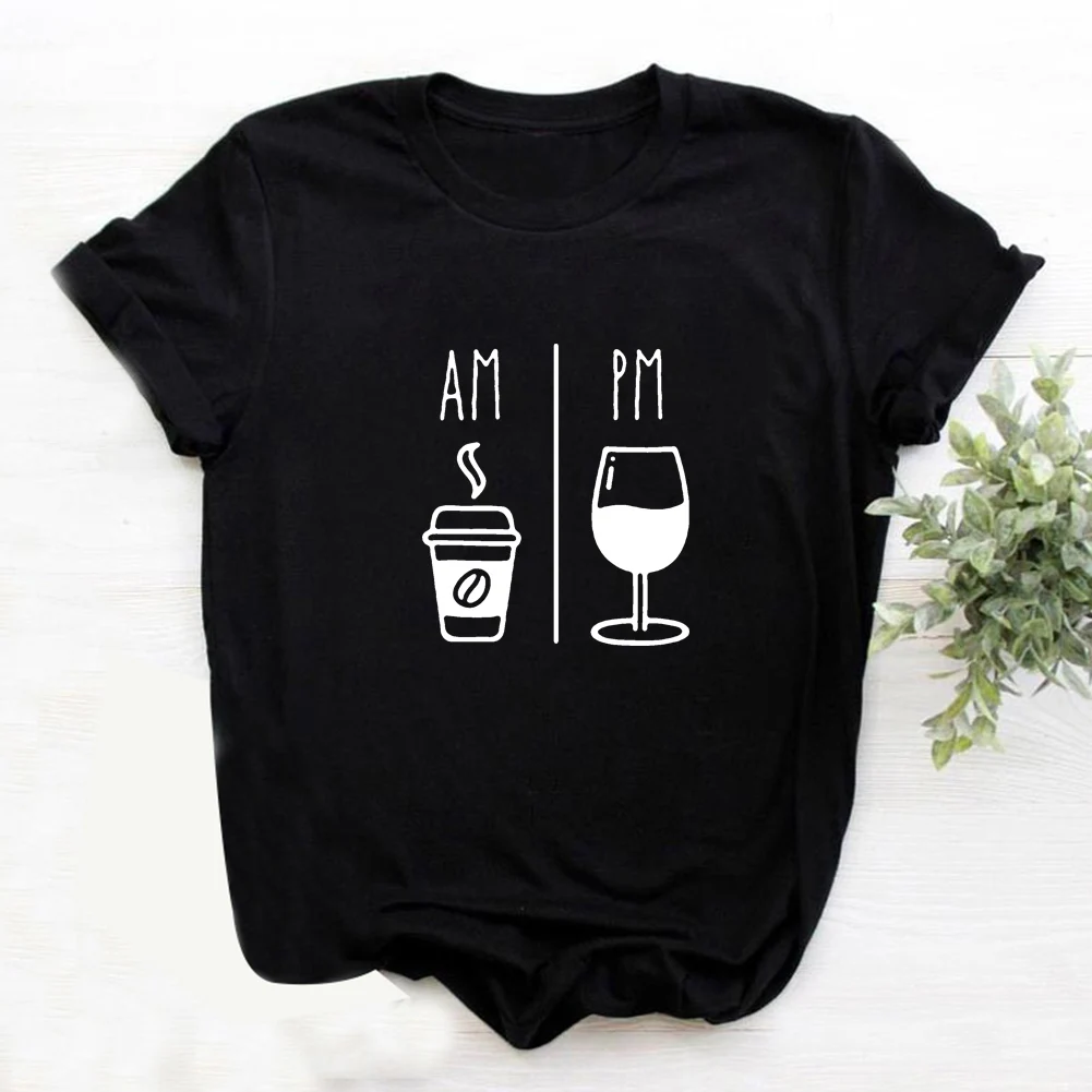 Женская футболка с коротким рукавом AM COFFEE PM WINE хлопковая свободная Черно-белая