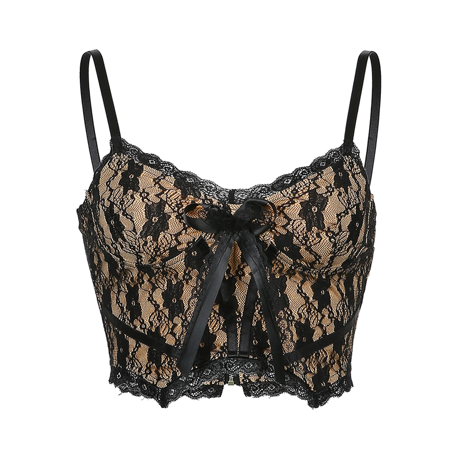 

Women's Sexy Floral Lace Camisole, Sleeveless Spaghetti Strap V Neck Crop Cami Tops with Bow