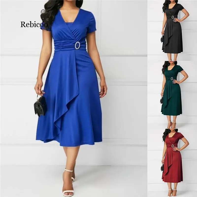 

Burgundy Elegant Asymmetric Midi Dress Women Autumn Summer Solid Casual Short Sleeve V-Neck Dress Plus Size High Waist S-5XL