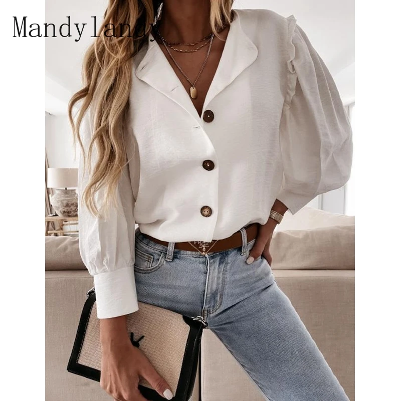 

Mandylandy Long Sleeve Shirt Women's Casual Solid Color Single-Breasted Loose Shirt Spring Autumn V-neck Fashion Stitching Shirt