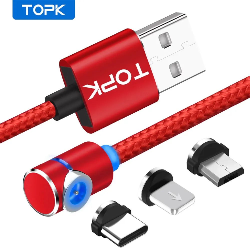 Магнитный кабель TOPK L-Line 1 м/2 м USB C Type и Micro СВЕТОДИОДНЫЙ зарядный для iPhone X 8 7 6 Red |