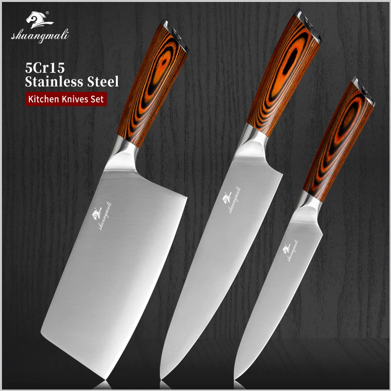

Набор кухонных ножей Shuangmali 5Cr1 из 5 предметов, шеф-повар из нержавеющей стали для нарезки пилинга, китайский нож мясника для овощей, 3 шт.