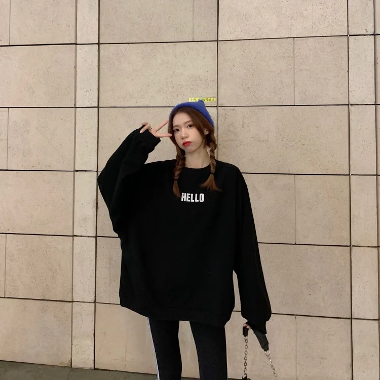 

XZ1060 2021 new Autumn and winter loose Korean version clothes wild design sense plus velvet thick Sweatshirts women