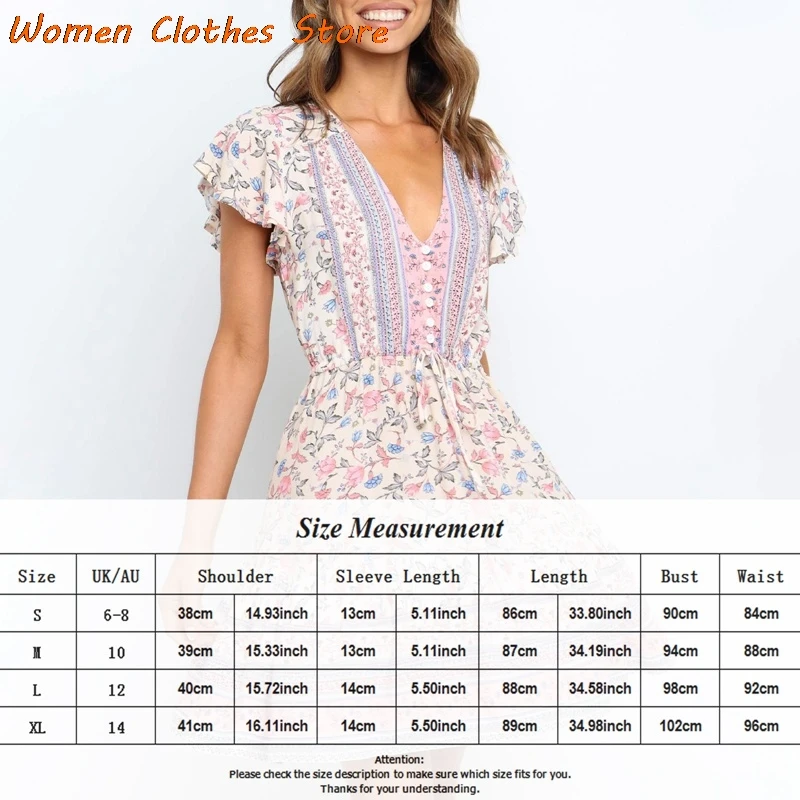 

Women Dresses Summer Sexy V Neck Floral Print Boho Beach Dress Ruffle Short Sleeve A Line Mini Dress Wrap Sundress Robe