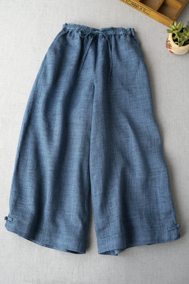 

Spring Summer Women All-match Loose Plus Size Fairy Comfortable Water Washed Thin Ramie Trousers Elastic Waist Wide Leg Pants
