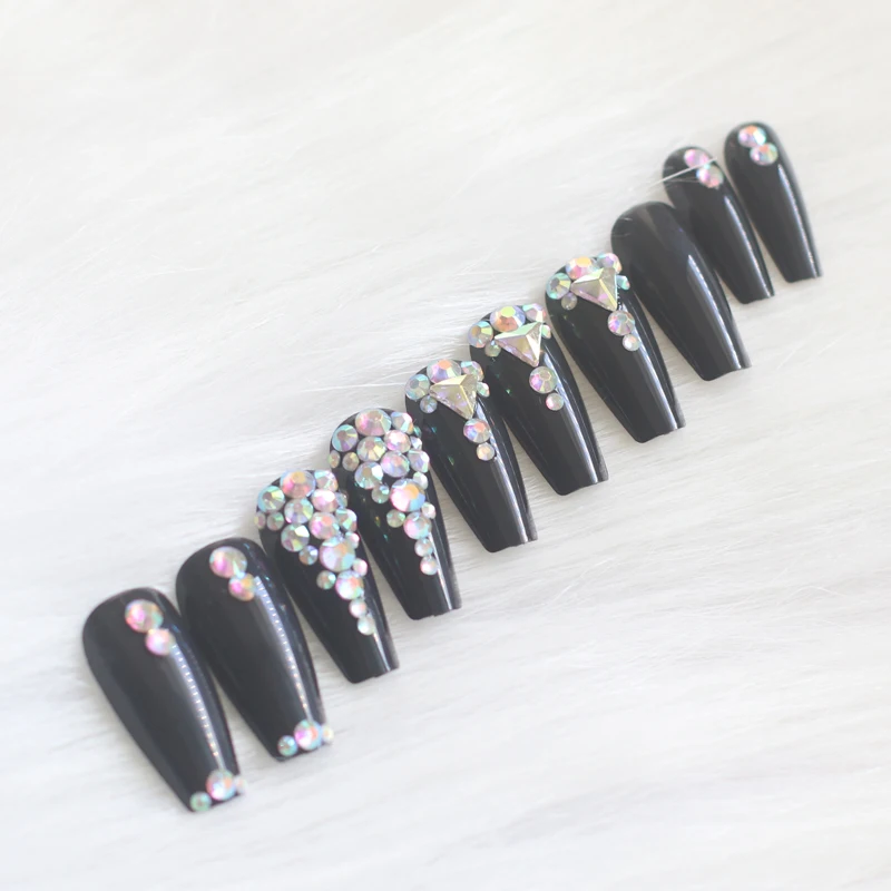 

24pcs latest candy long ballet handmade crystal diamond fake nails sexy black