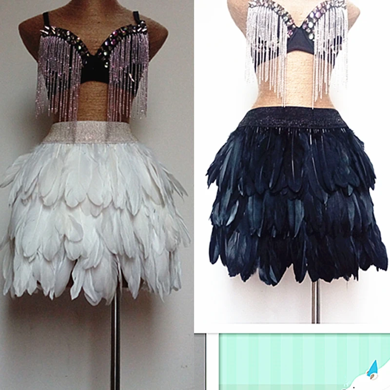 Festival Feather Clothing Black/White Skirt Elastic Waist Nightclub GOGO Performance Stage African Hula Outfit | Тематическая